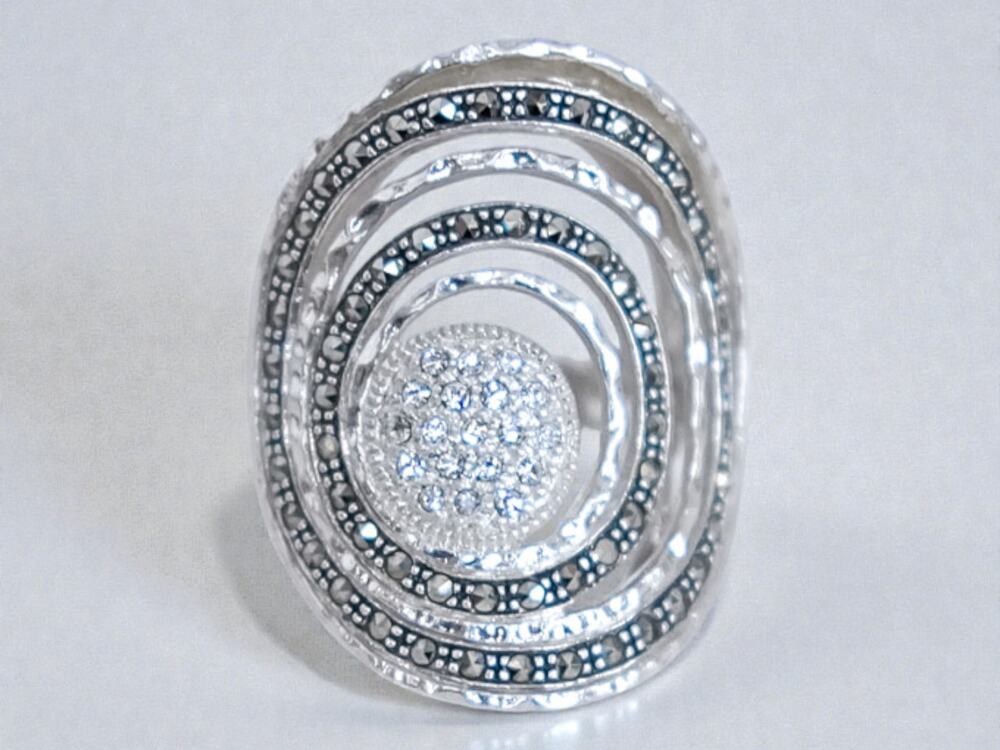 Sterling Silver 925 Spiral Statement Ring Cubic Zirconia Marcasite Size 6